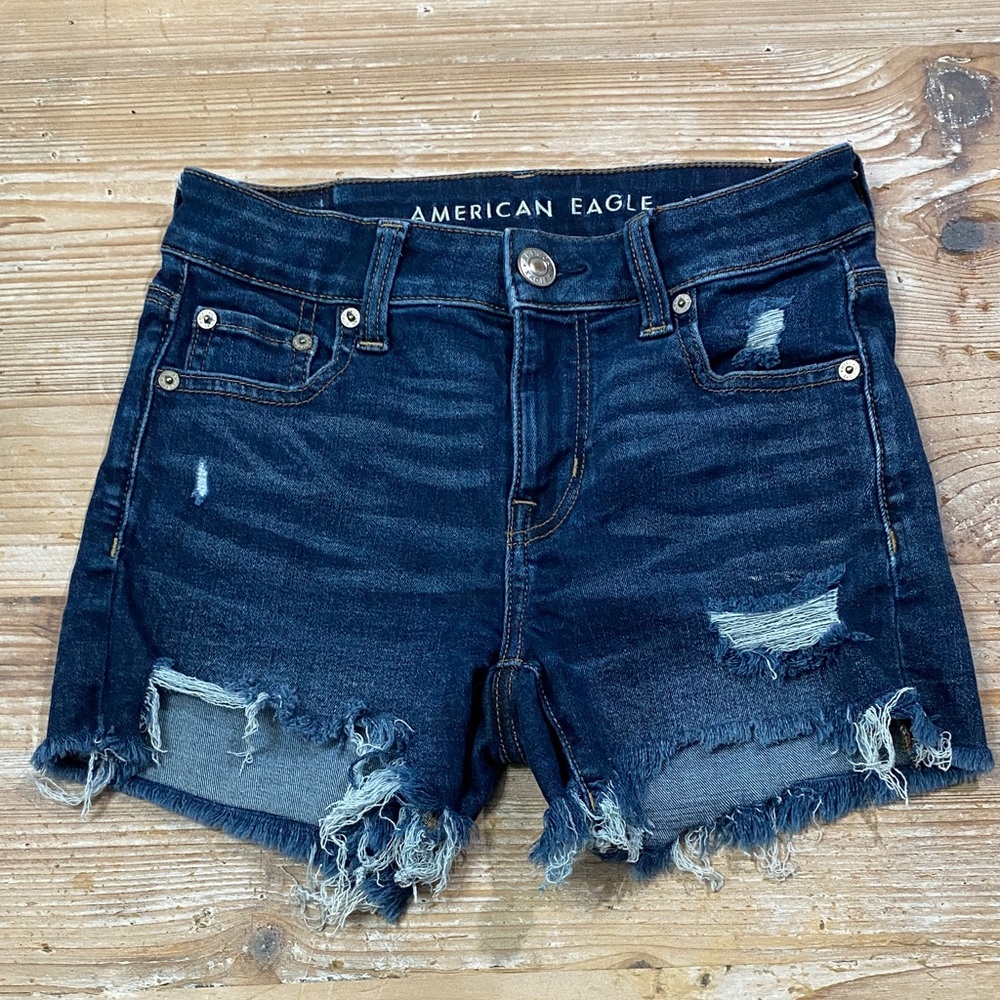 American Eagle Outfitters Women's Ripped Jean Shorts - Dark Blue